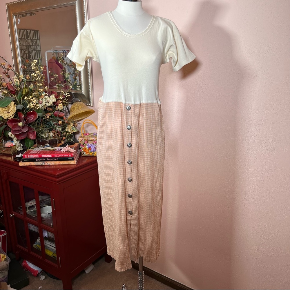 Vintage Barbara Lesser Farmhouse Cream Gigham Knit button front Maxi Dress med